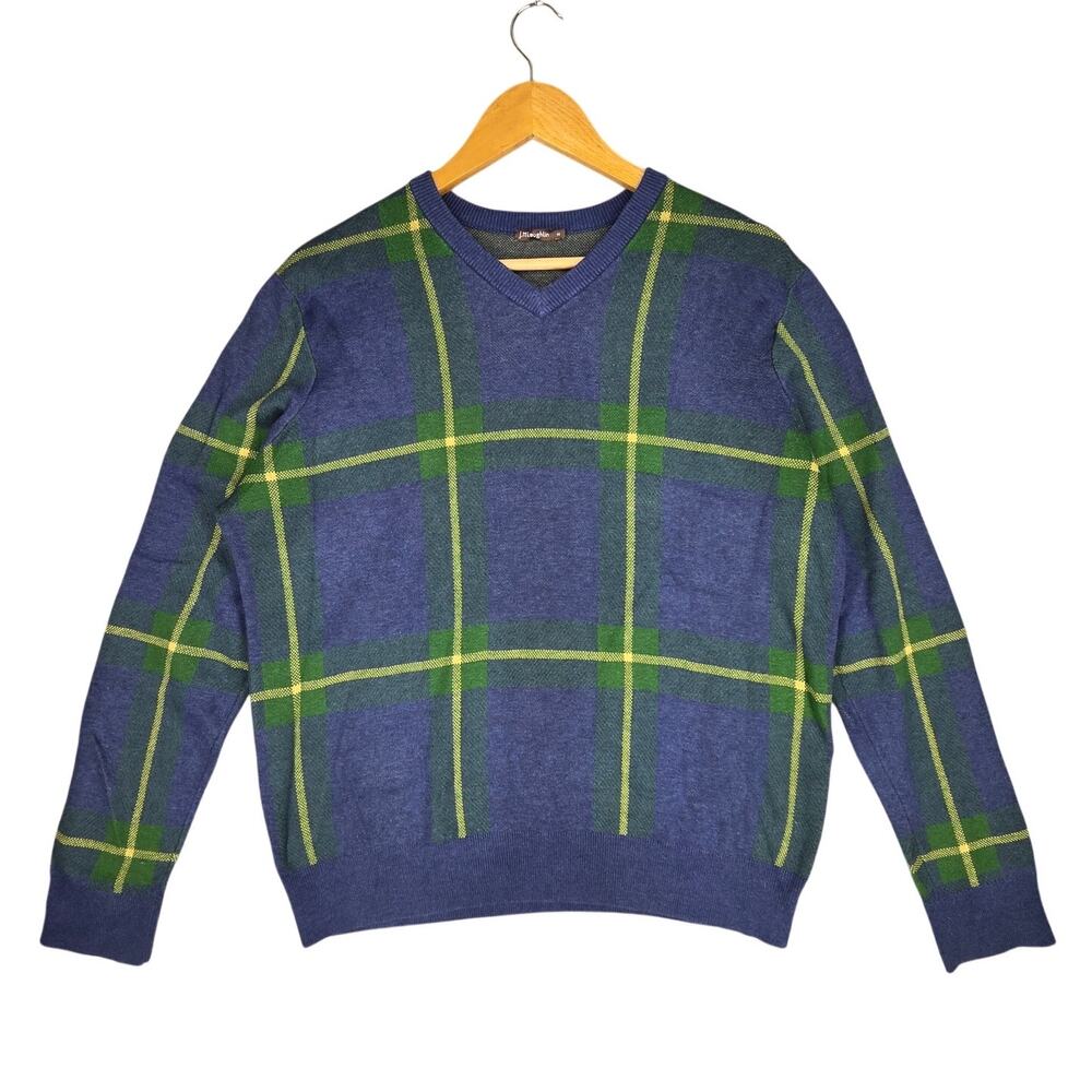 J.MCLAUGHLIN MEN'S HUGHES JACQUARD PLAID V‑NECK SWEATER BLUE GREEN YELLOW SIZE M